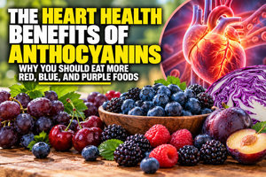 Blueberries, blackberries, cherries, purple grapes and other anthocyanin-rich foods representing research on anthocyanins, heart health and cardiovascular disease prevention.