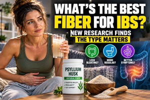 Woman with IBS holding psyllium fiber supplement while experiencing abdominal discomfort, illustrating research on the best fiber for IBS, bloating, constipation, and digestive health.