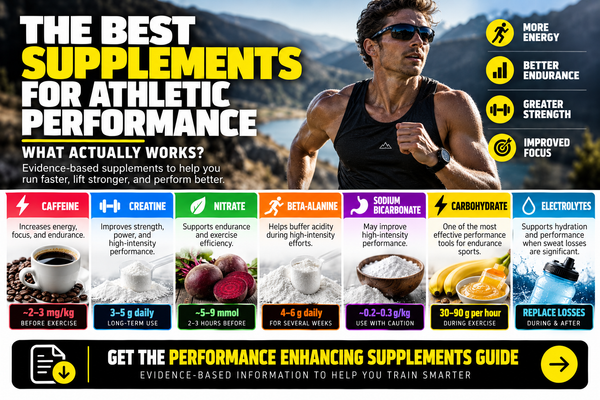 Best supplements for athletic performance, including caffeine, creatine, nitrate, beta-alanine, sodium bicarbonate, carbohydrates and electrolytes.