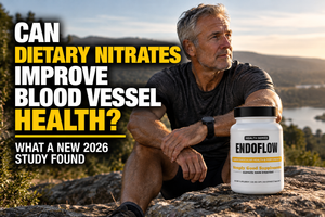 Realistic photograph of an active older adult exercising, illustrating research on dietary nitrates, nitric oxide, blood flow, and vascular health.