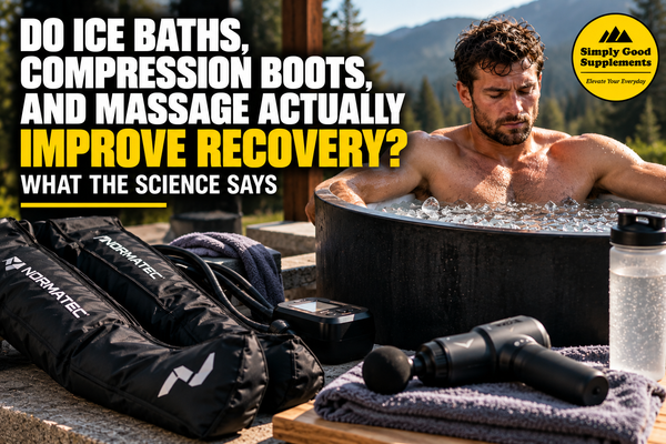 Ice bath, compression boots, and massage equipment representing research on whether popular athletic recovery techniques improve muscle soreness and endurance performance.