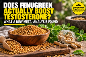 Fenugreek seeds and leaves with a testosterone research theme illustrating whether fenugreek supplements increase total or free testosterone in men.