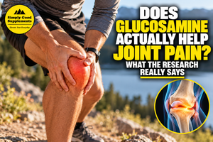 Active adult with joint pain alongside glucosamine supplements, illustrating research on glucosamine for osteoarthritis, cartilage, and joint health.