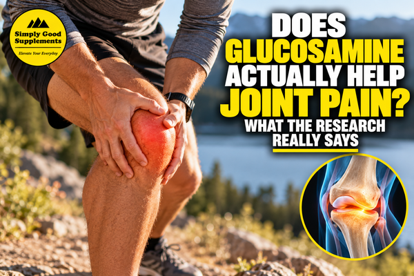 Active adult with joint pain alongside glucosamine supplements, illustrating research on glucosamine for osteoarthritis, cartilage, and joint health.