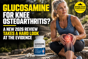Older active woman with knee pain examining whether glucosamine supplementation helps knee osteoarthritis, joint pain, and cartilage health.