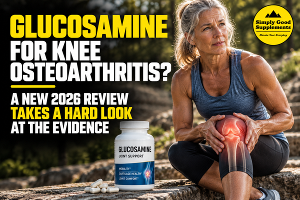 Older active woman with knee pain examining whether glucosamine supplementation helps knee osteoarthritis, joint pain, and cartilage health.