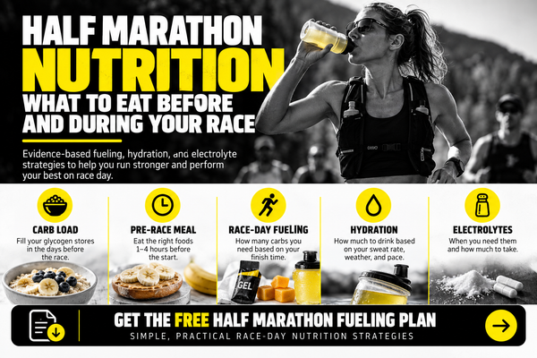 Half marathon nutrition guide covering carb loading, pre-race meals, race-day fueling, hydration and electrolytes for runners.