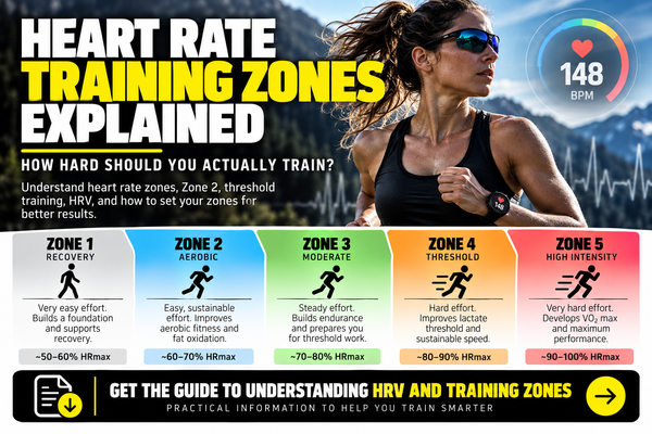 Heart rate training zones explained, including Zone 1 recovery, Zone 2 aerobic, Zone 3 moderate, Zone 4 threshold and Zone 5 high intensity.