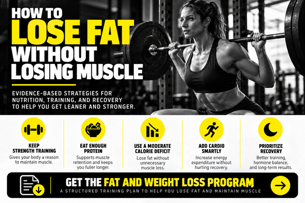 How to lose fat without losing muscle with strength training, protein, a moderate calorie deficit, cardio and recovery.