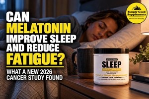 Realistic nighttime bedroom scene illustrating melatonin supplementation, sleep quality, and fatigue research from a 2026 clinical trial.