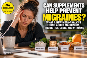 Woman experiencing a migraine with magnesium, probiotics, CoQ10, and vitamins representing nutritional supplements studied for migraine prevention.