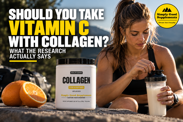 Athlete preparing Simply Good Supplements Collagen with vitamin C rich oranges before exercise for connective tissue support.