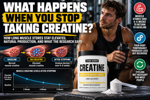 Athlete holding creatine monohydrate while explaining how long muscle creatine stores remain elevated after stopping supplementation.