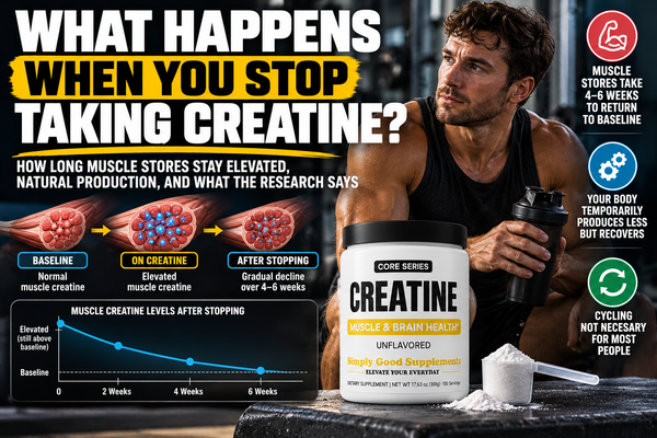Athlete holding creatine monohydrate while explaining how long muscle creatine stores remain elevated after stopping supplementation.
