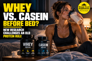Female athlete drinking a whey protein shake before bed after resistance training, comparing whey versus casein for sleep, recovery, and muscle protein synthesis.
