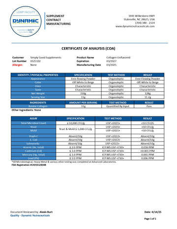 Certificate of Analysis (COA) for a supplement from Dynamic Supplement Contract Manufacturing.