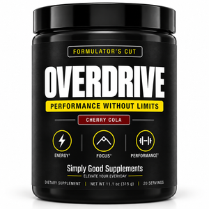 A black plastic tub of Overdrive pre-workout supplement by Simply Good Supplements, featuring a black label with bold white text and icons indicating energy, focus, and performance.