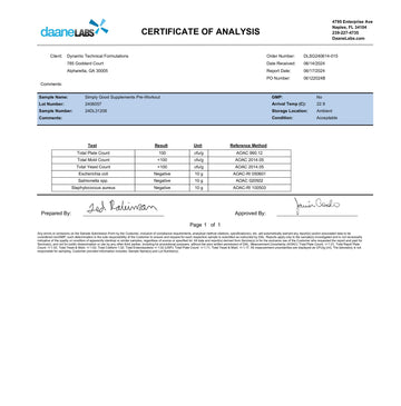 simply good supplements certificate of analysis for hybrid pre-workout capsules