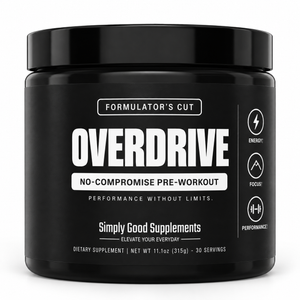 A black plastic tub of Overdrive pre-workout supplement by Simply Good Supplements, featuring a black label with bold white text and icons indicating energy, focus, and performance.