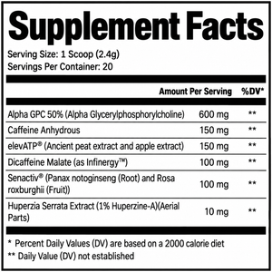 A Supplement Facts label showing a list of ingredients and daily values for a dietary supplement. The label includes Alpha GPC 50%, Caffeine Anhydrous, elevATP, Dicaffeine Malate, Senactiv, and Huperzia Serrata Extract, with serving size of 1 scoop (2.