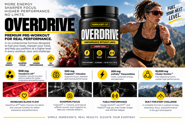 A promotional graphic for the OVERDRIVE pre-workout supplement. The center features a large black tub of OVERDRIVE Performance Pre-Workout in Cherry Cola flavor.